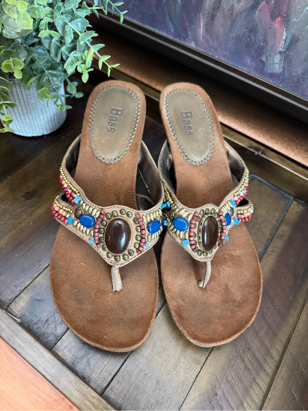 Bass Brown Beaded Thong Sandals with Multicolor Accents